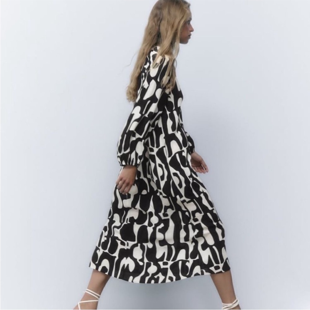 ZARA • Beautiful Abstract Design Black & White Patterned Midi Dress - Picture 14 of 16